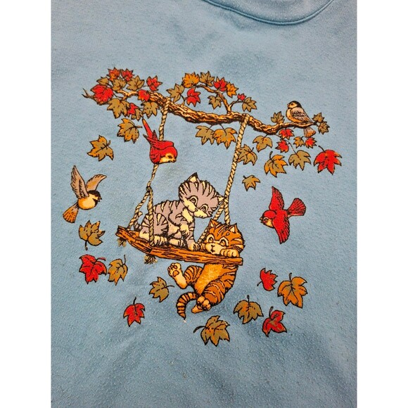 Vintage Basic Editions Sweatshirt Cats Birds Graphic Teal Blue Women's Large L - Picture 2 of 7